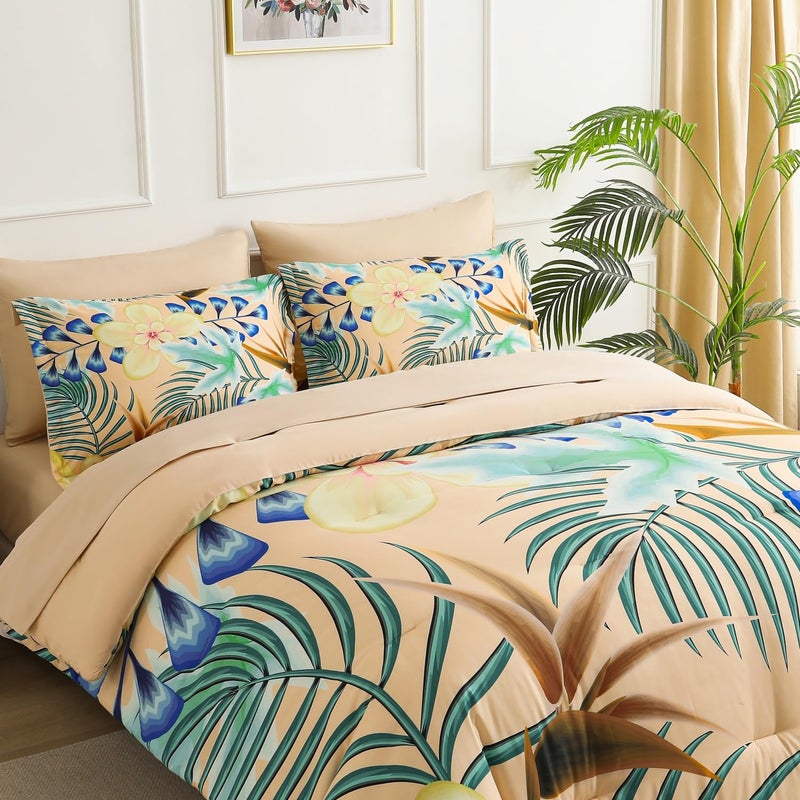 Yogeneg 7 Piece Bed in a Bag Queen Size Comforter Set Khaki Bedding Set Yellow Floral Green Leaves Pattern Reversible Design Soft Microfiber Comforter with Sheet Set All Season(Khaki Queen) - Image 2